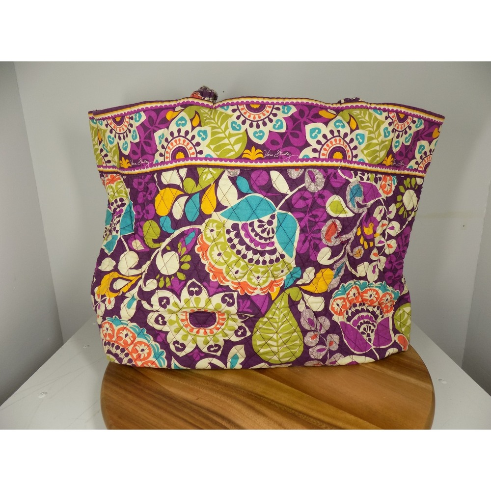 Vera‎ Bradley Provencal Floral Quilted Cotton Tote Bag Purple Yellow Green Large